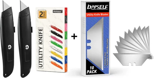 DIYSELF Paquete de 2 cortadores retráctiles con 10 hojas de cuchillo utilitario, cuchillas afiladas de acero SK5, cortadores de caja para cartón,