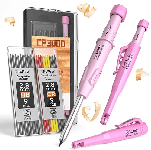 Miniatura 10 de Nicpro Lápiz de carpintero con sacapuntas, lápices mecánicos de carpintero CP3000 con 19 recargas, marcador de agujero profundo para construcción
