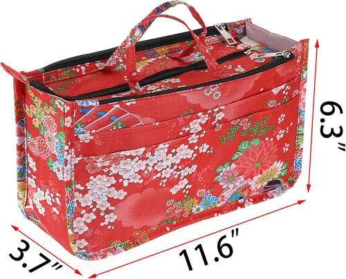 Miniatura 3 de BTSKY Organizador de bolsas de impresión dentro del bolso, organizador de bolsa de alta capacidad con 13 bolsillos con asa (flor festiva)