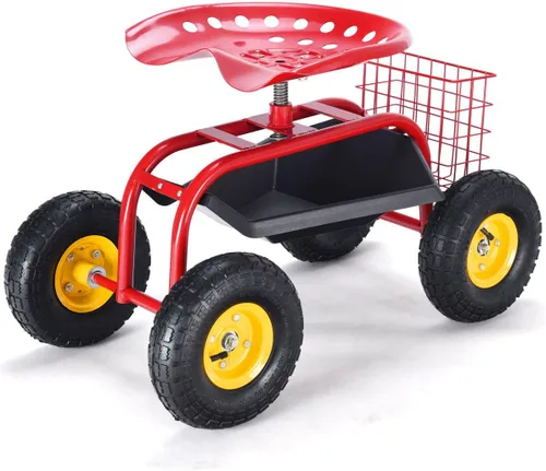 Giantex Asiento de trabajo de jardín rodante, asiento de trabajo de jardinería giratorio 360 con ruedas, cesta de herramientas, altura ajustable,