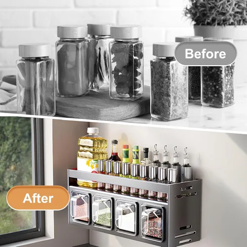 Miniatura 8 de Estante de especias de cocina, organizador de cocina y estante de almacenamiento con 4 cucharas, organización de especias para gabinetes, pared