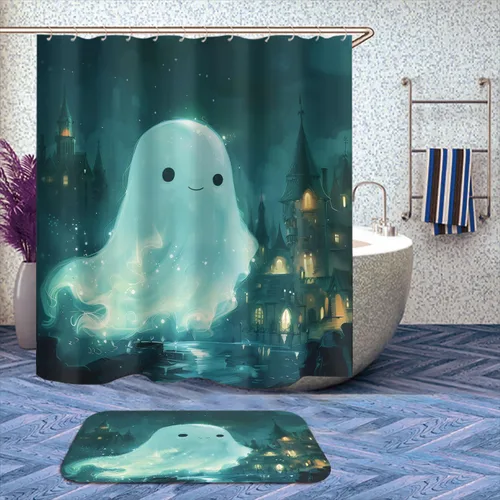 Miniatura 2 de Juego de 4 cortinas de ducha de Halloween con alfombra, cubierta para tapa de inodoro y tapete de baño, diseño de fantasmas de dibujos animados
