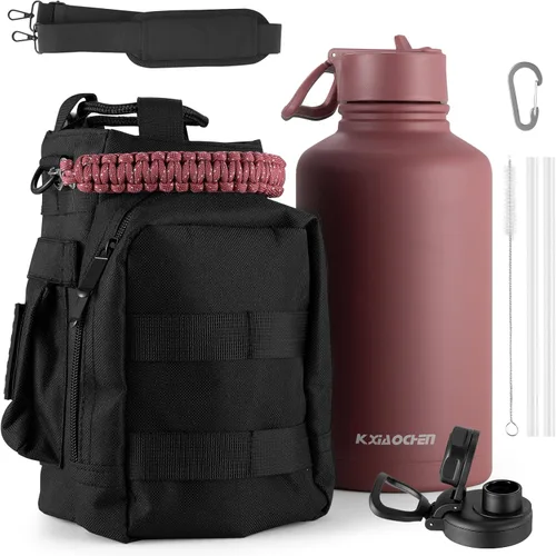 Miniatura 40 de KXIAOCHEN Botella de agua aislada, botella de agua de acero inoxidable, 2 tapas (con pajilla y tapa con asa), botellas de agua metálicas de boca