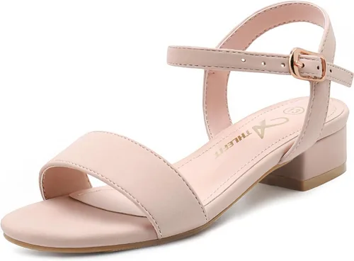 Miniatura 13 de Athlefit Sandalias para niñas, puntera abierta, correa en el tobillo, tacones bajos, zapatos de vestir para niñas pequeñas y grandes