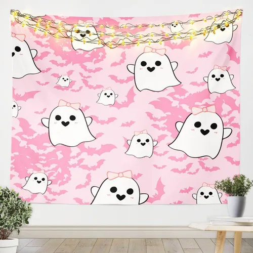 Miniatura 3 de Feelyou Halloween Wall Art for Bedroom Living Room Cartoon Ghost Tapestry Decoration for Kids Boys Girls Red Tapestry Wall Hanging Ghost Festival