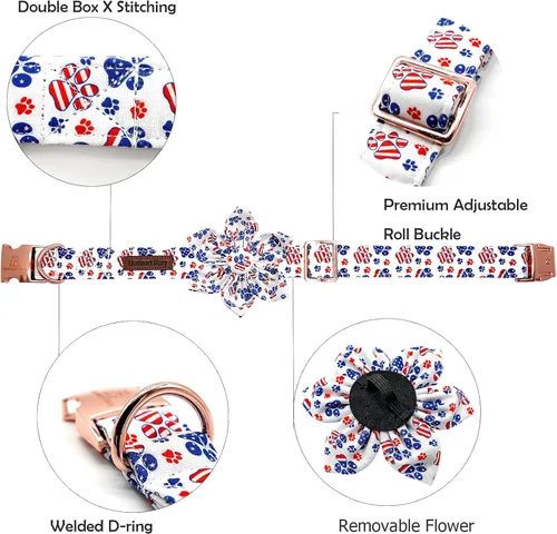 Miniatura 2 de Lionheart glory Collar de perro con bandera estadounidense, collar de flores para perro del 4 de julio, resistente y ajustable, patriótico con flor