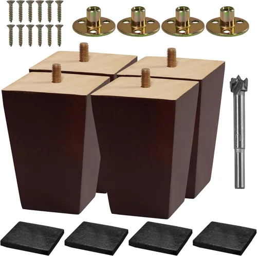 Miniatura 10 de Juego de 4 patas de madera para muebles (incluye broca) - Patas cuadradas para sofá, pierna de sofá - Patas de repuesto marrones de mediados