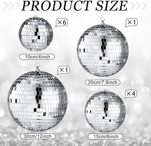 Miniatura 4 de Libima Paquete de 12 Bolas de Discoteca Grandes de Navidad Decoración de Diferentes Tamaños Espejo Plateado Colgantes Adornos de Bola de Discoteca