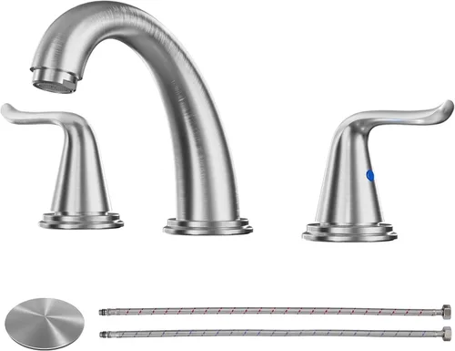 WOWOW Grifo de baño de latón sólido de 2 asas con 3 agujeros, grifo de lavabo de acero inoxidable para tocador, grifo de lavabo de baño de níquel