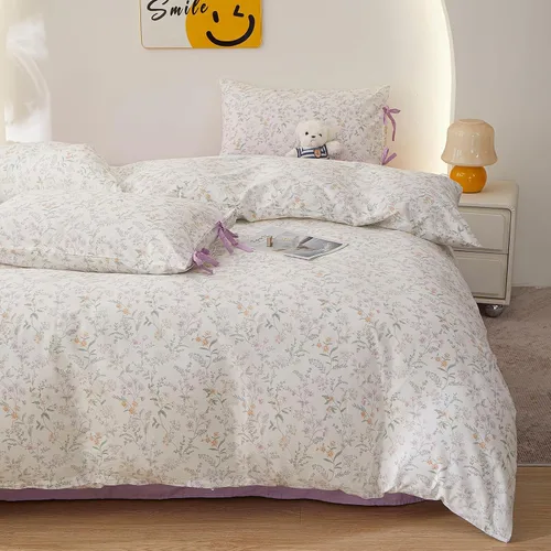 Miniatura 61 de Juego de funda de edredón blanca con estampado floral azul, juego de ropa de cama de algodón suave estilo bohemio, juego de ropa de cama estética