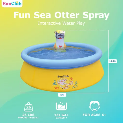 Miniatura 2 de JLeisure Sun Club - Piscina inflable de 5 pies y 2 personas para exteriores sobre el suelo con aerosol de nutria marina 3D, amarillo/azul