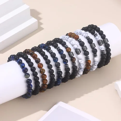 Miniatura 6 de SAMOCO 12 piezas de pulseras de ojo de tigre para hombres, piedra natural, cuentas de 8 mm, juego de pulseras elásticas ajustables de roca de lava
