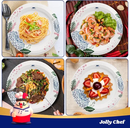 Miniatura 4 de JOLLY CHEF Platos de papel desechables resistentes con estampado de flores, a prueba de remojo, cortes, resistentes para uso diario