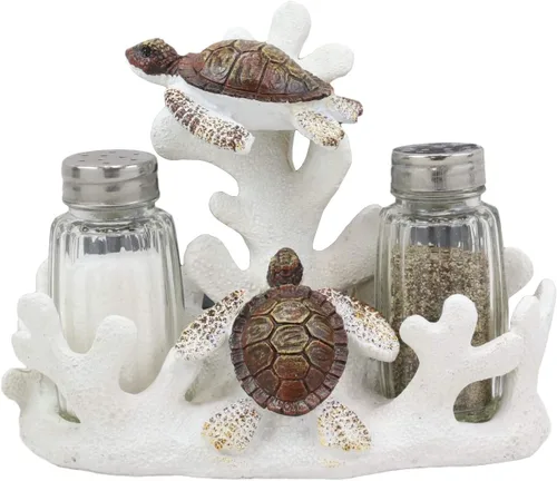 Ebros - Juego de 2 saleros y pimenteros náuticos de arrecife de coral blanco con 2 tortugas marinas y pimenteros, escultura decorativa como centro