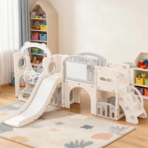 Miniatura 11 de Juego para exteriores 11 en 1 con tobogán y columpio, parque infantil interior para niños, con aro de baloncesto, pasillo extralargo, tobogán