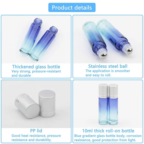 Miniatura 3 de Juego de 10 botellas enrollables de vidrio, 0.3 fl oz (1/3 onza), tarros de rodillo de gradiente azul con abridor de embudos, frascos de vidrio