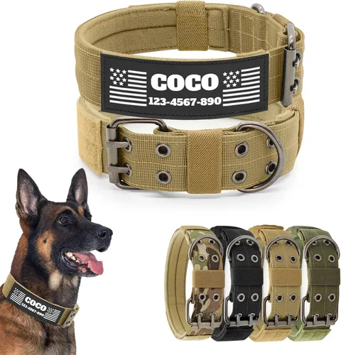 Miniatura 9 de Collar táctico personalizado para perro con parches de nombre y número de teléfono - Collar resistente personalizado con hebilla de cinturón