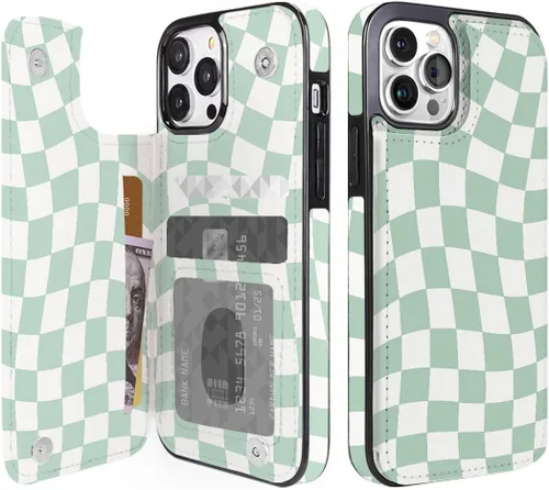 Funda para iPhone 12/12 Pro de 6.1 pulgadas, cartera de cuero con tapa y tapa de cuero verde a la moda, diseño de tablero de ajedrez con ranuras