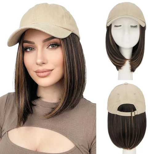 Miniatura 48 de SEGO Gorra de béisbol con extensiones de cabello para mujer, resistente al calor, sintético, 6 pulgadas, ajustable, corta, recta, peluca de repuesto