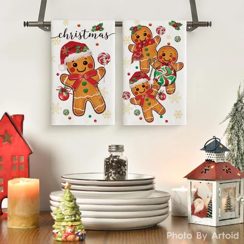 Miniatura 2 de Artoid Mode Juego de 2 toallas de cocina de Navidad con caramelo de jengibre, 18 x 26 pulgadas, bola de Navidad, decoración de invierno, toallas