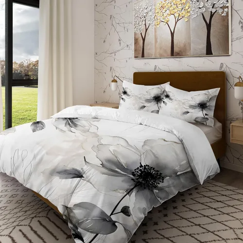 Miniatura 4 de Batmerry Flowers Watercolor Twin Size 3 Pieces Bedding Duvet Cover Sets, Soft Fluffy Elegant Black White Flower Painting 100% Cotton Printed Duvet