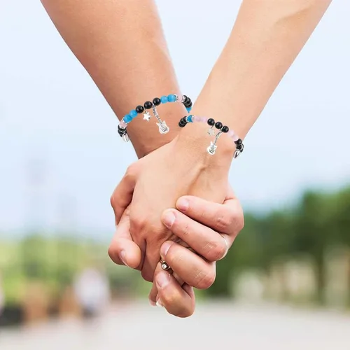 Miniatura 12 de 2 pulseras magnéticas para parejas, piedra natural negra mate, cristal para votos de amor eterno, juego de pulseras de cuentas de piedra de energía