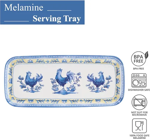 Miniatura 3 de UP ware Blue Rooster - Bandeja de melamina para servir, bandeja rectangular de 15 x 6.5 pulgadas, bandeja de alimentos sin BPA para entretenimiento