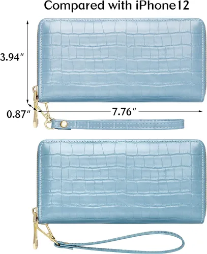 Miniatura 4 de Badiya Cartera para mujer con bloqueo RFID de cuero con cremallera de gran capacidad para tarjetas de crédito bolso largo Azul