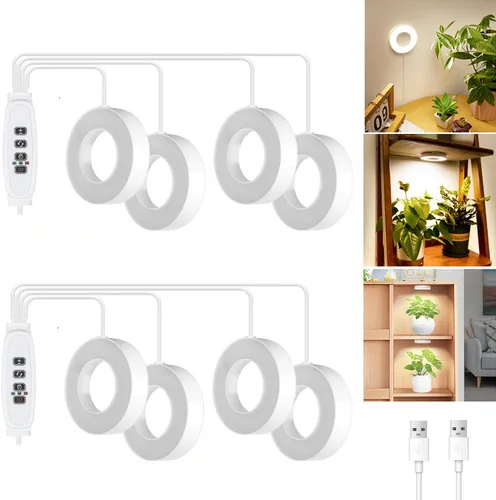 Banax Paquete de 2 luces LED de cultivo para plantas de interior, 144 LED, diseño de anillo de cuatro cabezales, 5V/2A, 10 niveles de brillo, Blanco