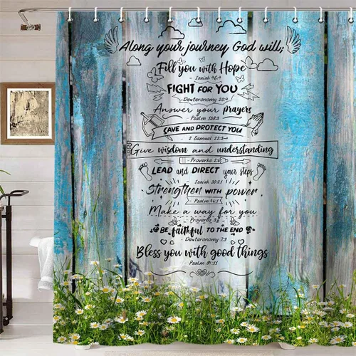 Miniatura 10 de Namdeva Cortina de ducha rústica de granja, diseño de mariposa azul, flores de algodón blanco, citas inspiradoras, estilo shabby chic, decoración
