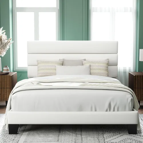 Miniatura 20 de Allewie - Base de cama de plataforma matrimonial con cabecera tapizada de tela y soporte de listones de madera, base de colchón totalmente tapizada