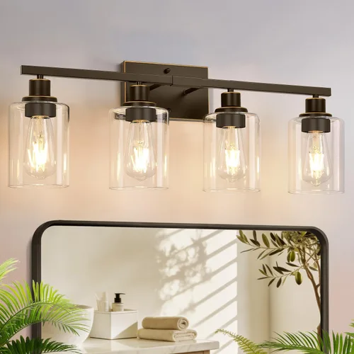 Miniatura 17 de MOKATNG Juego de 2 apliques de pared para baño, luces de tocador modernas negras con pantalla de vidrio blanco, lámpara de pared de baño