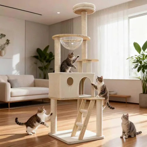 Miniatura 9 de Árbol para gatos de madera maciza de 65 pulgadas, moderno, torre para gatos de varios niveles para gatos de interior, torre resistente para gatos