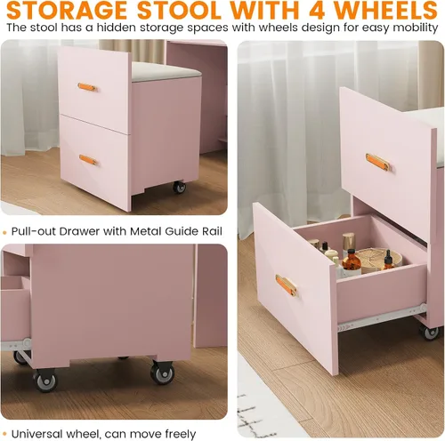 Miniatura 5 de Pequeño escritorio de maquillaje con espejo y luces, juego de tocador compacto 3 en 1, mesita de noche, tocador con silla enrollable ajustable