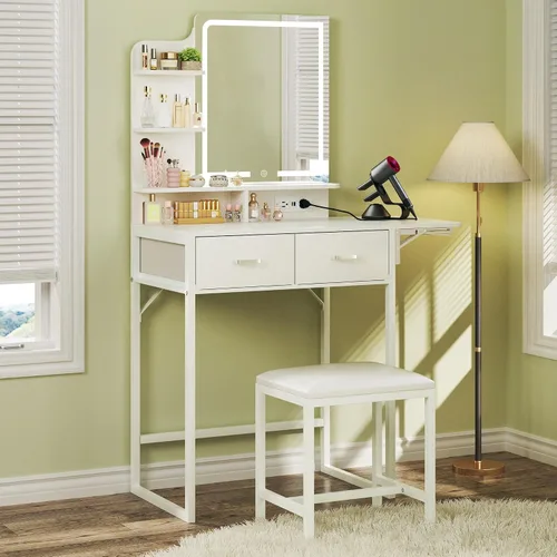 HUAHUU Pequeño escritorio de tocador con espejo y luces, tocador de maquillaje con cajón de almacenamiento de tela, silla y tres estantes, tocador