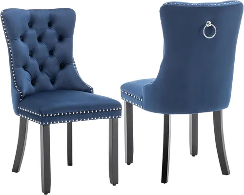 Miniatura 20 de Juego de 6 sillas de comedor de cuero, sillas de comedor tapizadas con ribete de cabeza de clavo y patas de madera maciza, silla auxiliar de comedor
