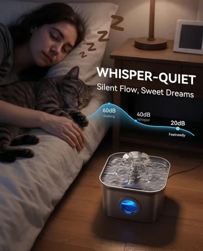 Miniatura 4 de Fuente de agua para gatos de acero inoxidable, 2.8 L con bomba ultra silenciosa de 20 dB, ideal para mascotas tímidas, ventana LED de nivel de agua