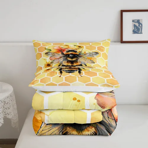 Miniatura 5 de Erosebridal Honey Bee - Juego de edredón tamaño individual, color negro y dorado, juego de edredón de animales lindos con diseño geométrico de panal
