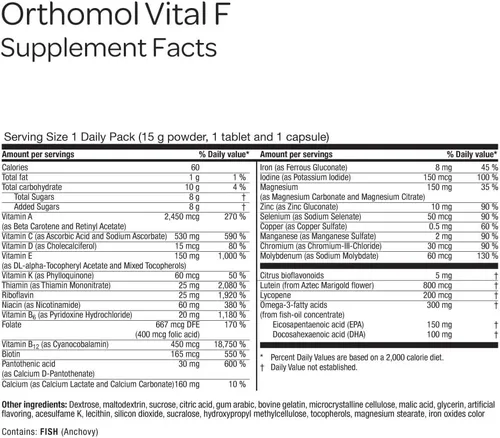 Miniatura 3 de Orthomol Vital F Polvo y Tableta en Sobre, Multivitamínico para Mujeres, Suministro de 30 Días, Vitaminas A, B, C, D, E, K, Calcio, Yodo, Omega-3