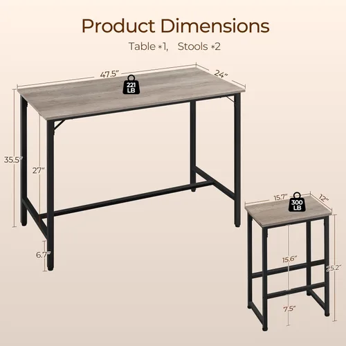 Miniatura 2 de Yaheetech Juego de mesa de comedor de 3 piezas, juego de mesa de pub industrial de 47.5 pulgadas, mesa de cocina de altura de mostrador