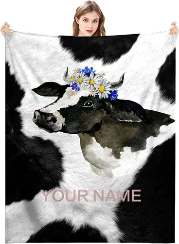 Miniatura 14 de Manta personalizada con estampado de vaca con nombre, texto personalizado, manta de vaca suave, cálida y acogedora manta de franela con estampado