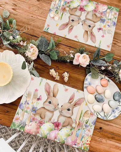 Miniatura 4 de Juego de 4 manteles individuales con diseño floral de conejo de Pascua, manteles individuales lavables para cocina, mesa de comedor, manteles