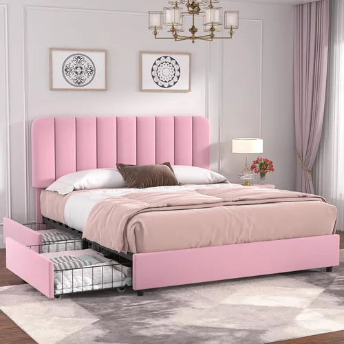 Miniatura 41 de VECELO Marco de Cama Tapizada Tamaño Full con 4 Cajones y Cabecero, Marco de Cama Plataforma de Almacenamiento de Terciopelo, Soporte de Listones