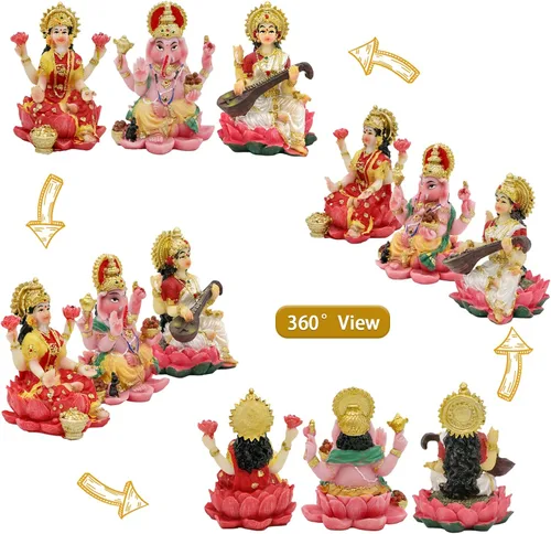 Miniatura 5 de alikiki Estatua hindú de Laxmi Ganesh Saraswati – 2.5 pulgadas de alto India Dios Lakshmi Ganesha figura para decoración de tablero de automóvil