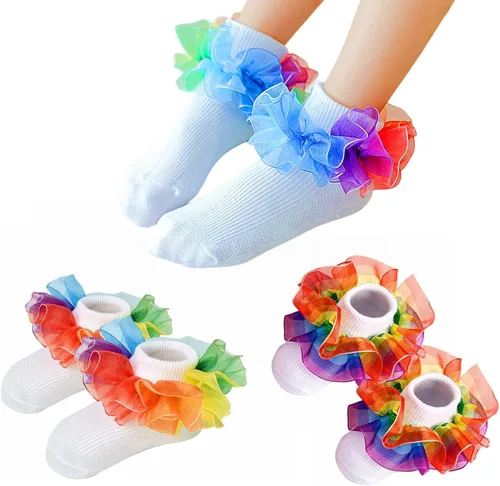 Toddler Girls Socks with Rainbow Lace Ruffle Trim Cotton Baby Socks Frilly Dress Socks for Little Girls