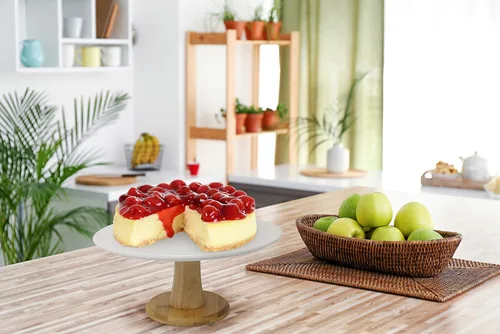 Miniatura 10 de Soporte de cerámica blanca para tartas con base de bambú, soporte para pasteles y postres para bodas y cumpleaños, decoración de cocina y hogar