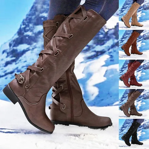Miniatura 4 de Masbird Botas para mujer, botas planas de cuero estilo retro y casual, punta redonda, correa de hebilla de tacón bajo, botas de invierno altas hasta