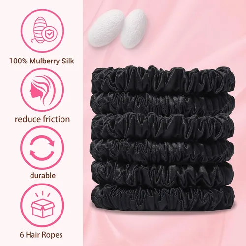 Miniatura 2 de 22 Momme 6 piezas 100% seda de morera ligas para el cabello, pequeñas coleteras de seda para mujeres y niñas, cabello rizado grueso y fino.