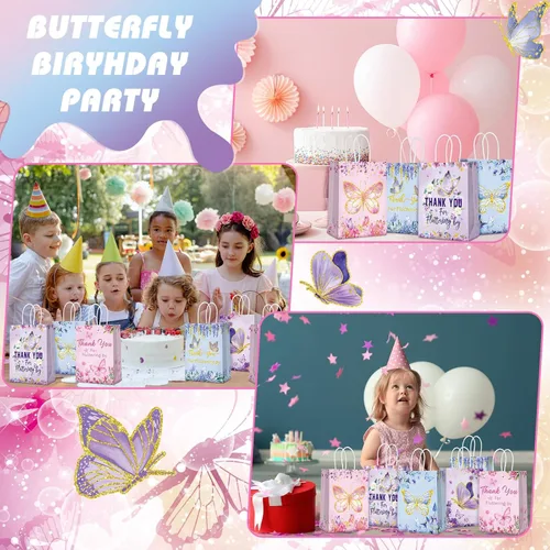 Miniatura 6 de Outus 24 piezas de bolsas de regalo de fiesta de mariposa, bolsas de golosinas de mariposa, bolsas de papel para regalos con mango, morado, azul