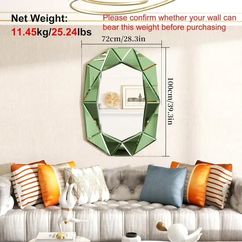 Miniatura 2 de Espejo de pared ovalado con forma de diamante, elegante marco de cristal, 40 x 28 pulgadas, color verde